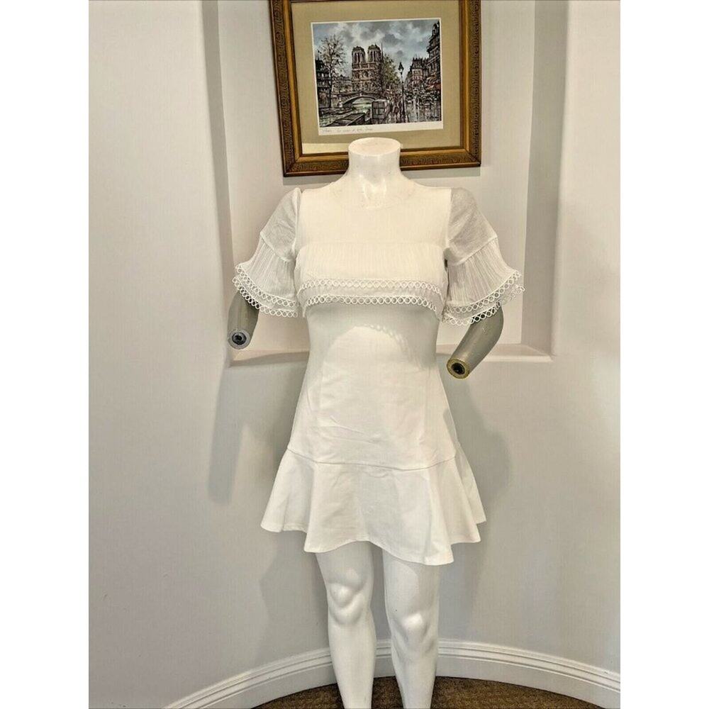 SHILLA The Label  Class Pleat-Trim Short Sleeve A-Line White Mini Dress L